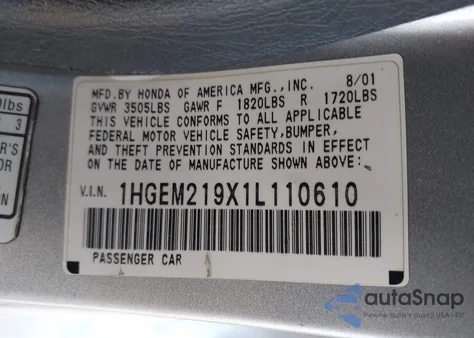 2001 Honda Civic Ex from USA, damaged, VIN 1HGEM219X1L110610